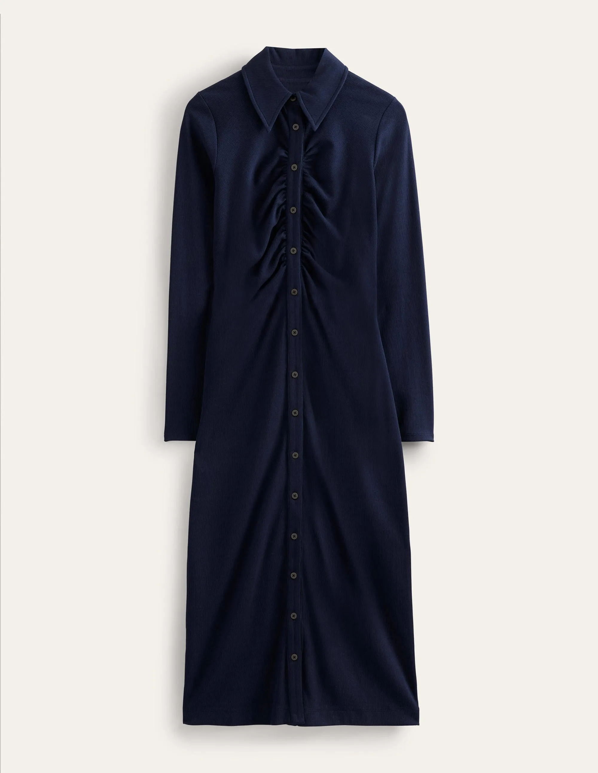Jersey Ribbed Midi Shirt Dress-Navy