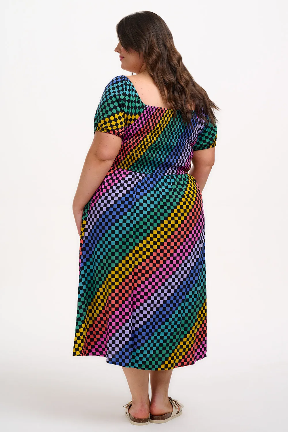 Jolene Shirred Midi Dress - Black/Multi. Rainbow Checkerboard