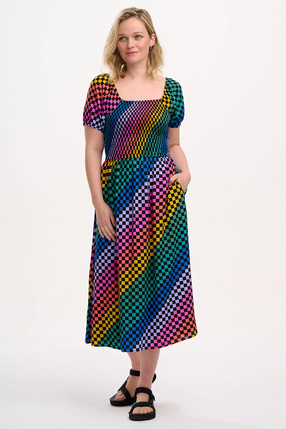 Jolene Shirred Midi Dress - Black/Multi. Rainbow Checkerboard
