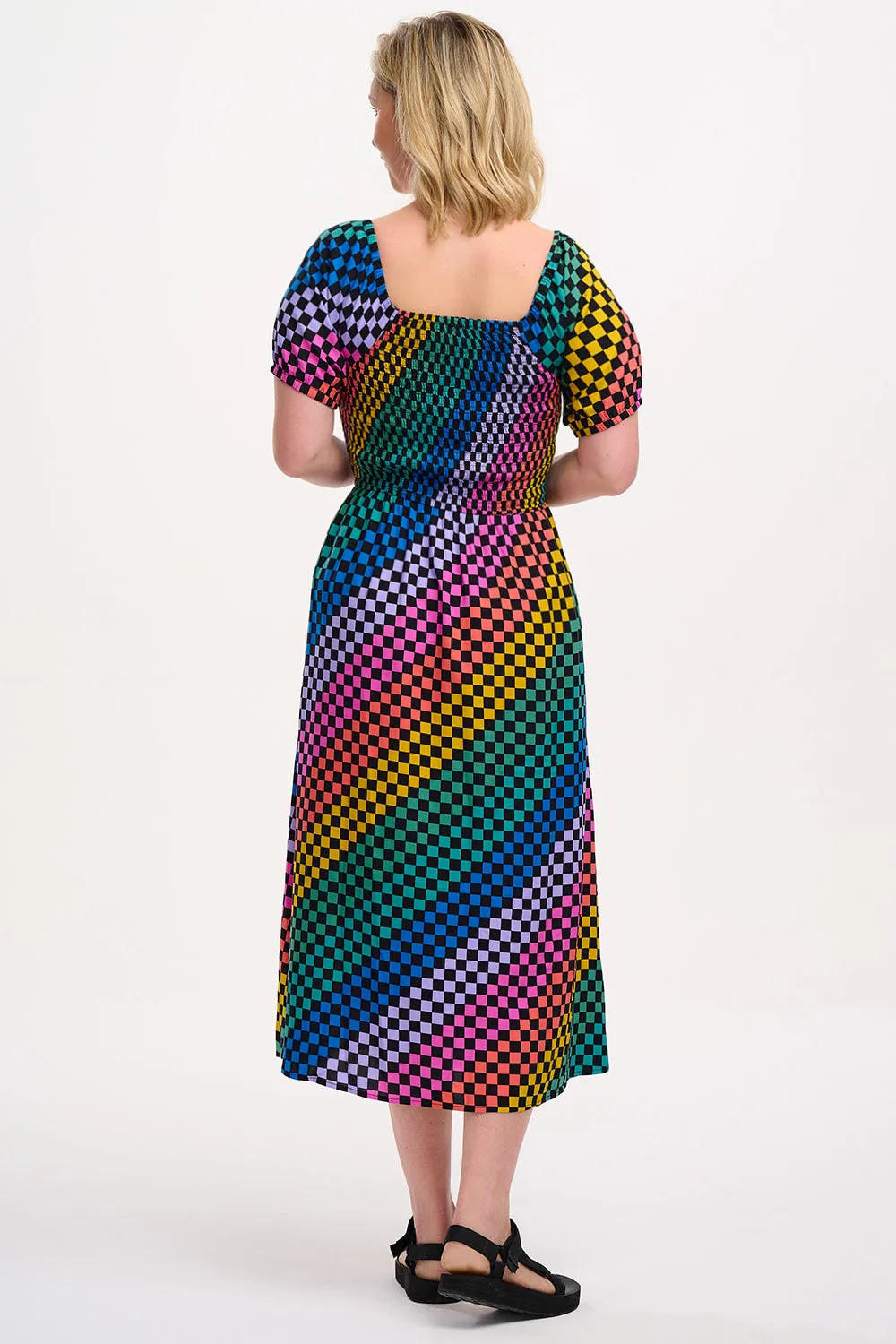 Jolene Shirred Midi Dress - Black/Multi. Rainbow Checkerboard