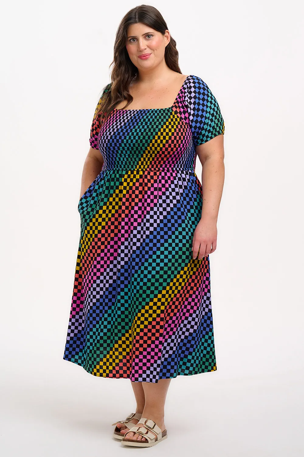 Jolene Shirred Midi Dress - Black/Multi. Rainbow Checkerboard