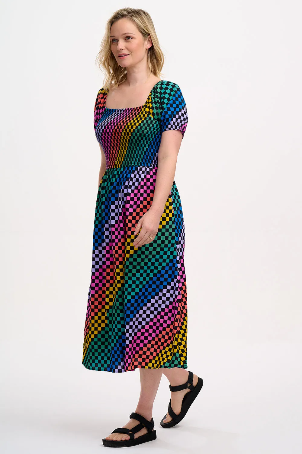 Jolene Shirred Midi Dress - Black/Multi. Rainbow Checkerboard