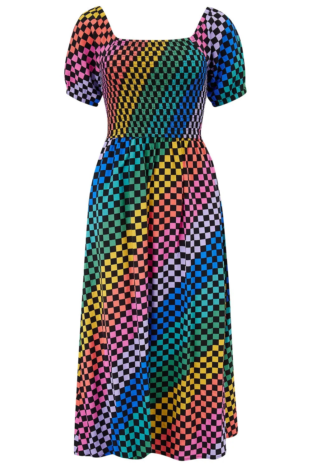 Jolene Shirred Midi Dress - Black/Multi. Rainbow Checkerboard