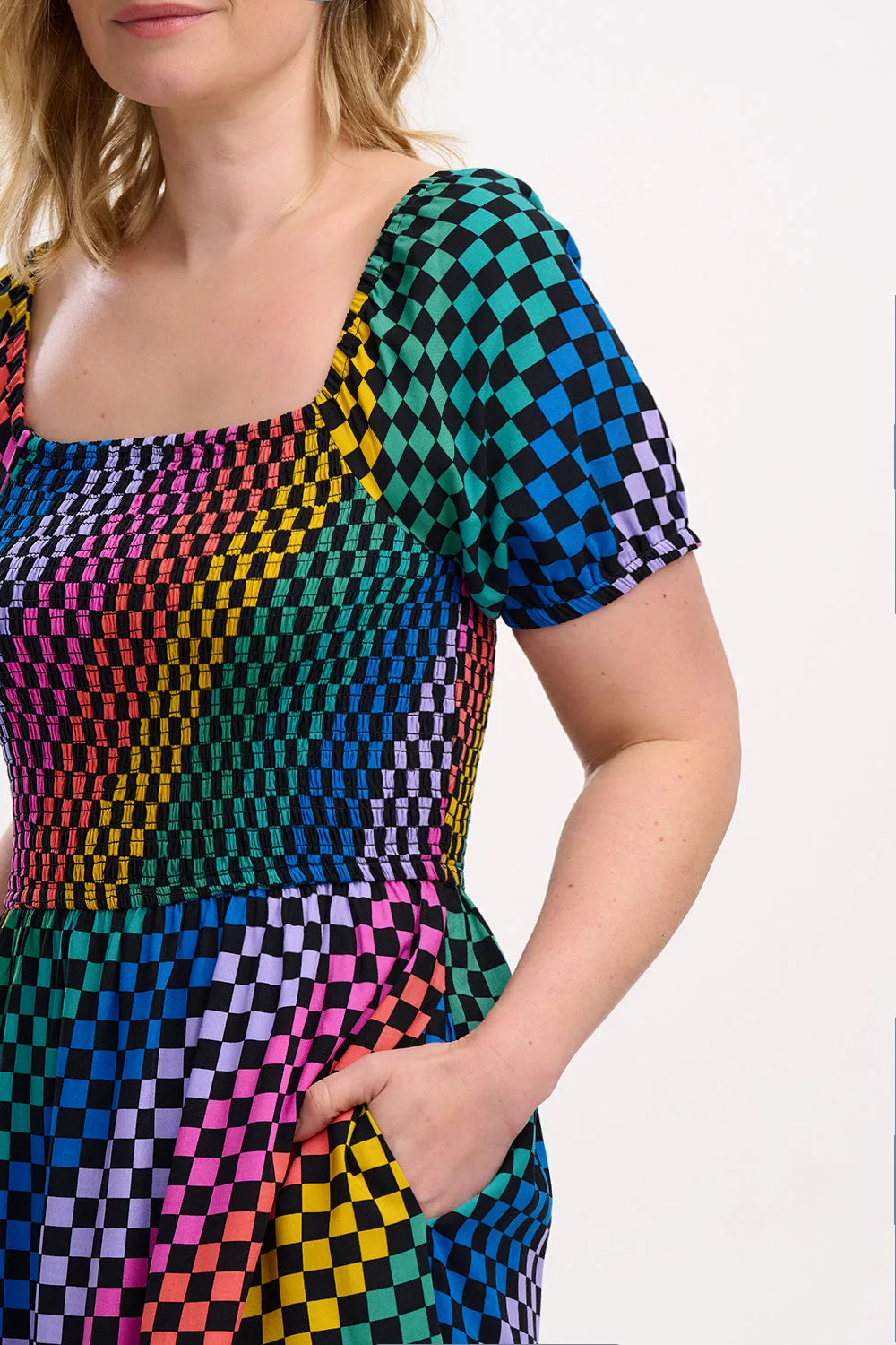Jolene Shirred Midi Dress - Black/Multi. Rainbow Checkerboard