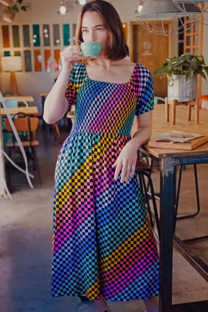 Jolene Shirred Midi Dress - Black/Multi. Rainbow Checkerboard