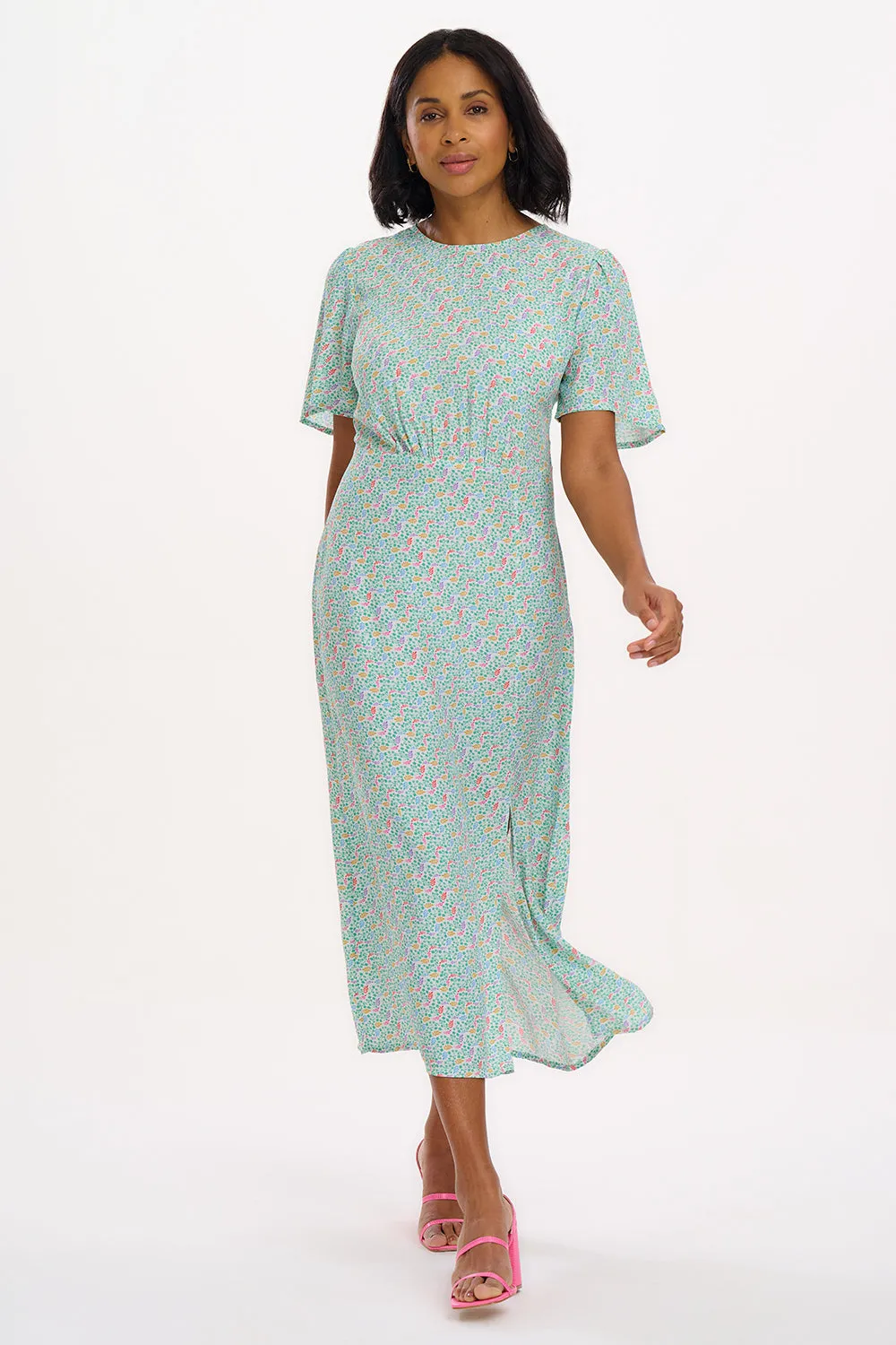 Kay Midi Tea Dress - Off-White/Multi. Garden Waves