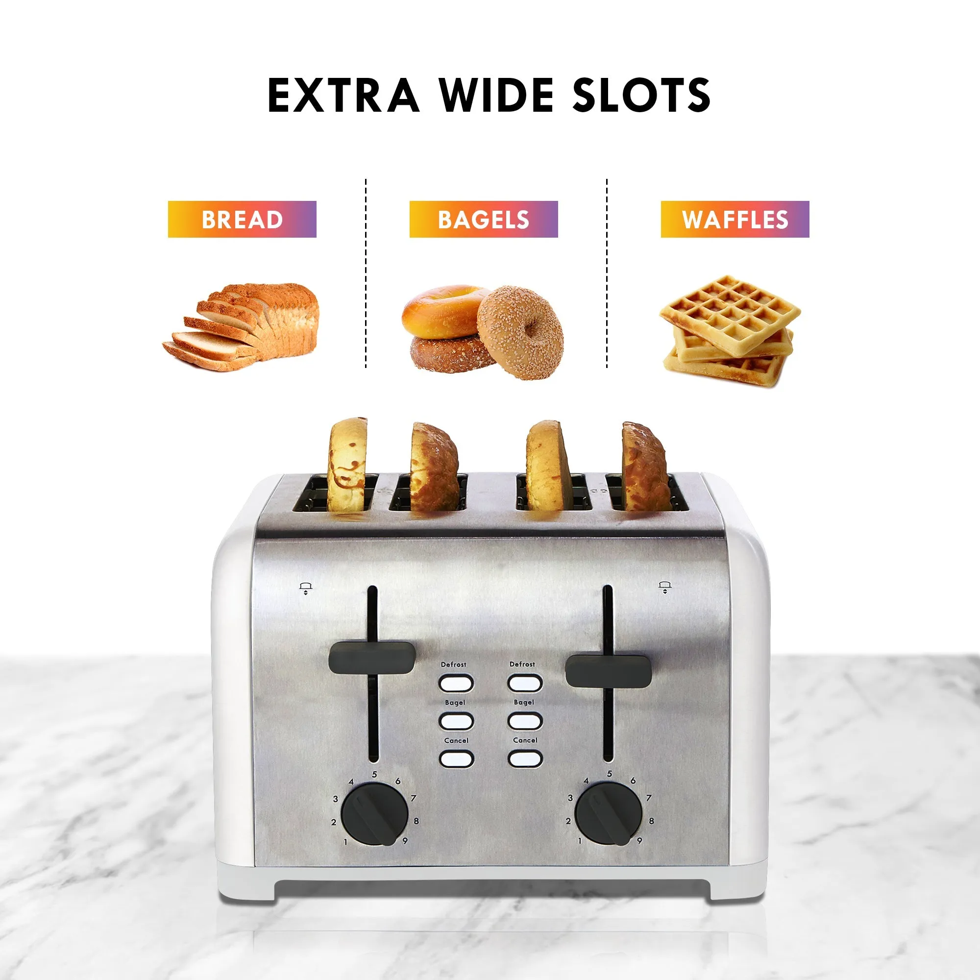 Kenmore 4-Slice Toaster, White Stainless Steel, Dual Controls, Extra Wide Slots, Bagel and Defrost Functions, 9 Browning Levels, Removable Crumb Trays, for Bread, Toast, English Muffin, Toaster Strudel