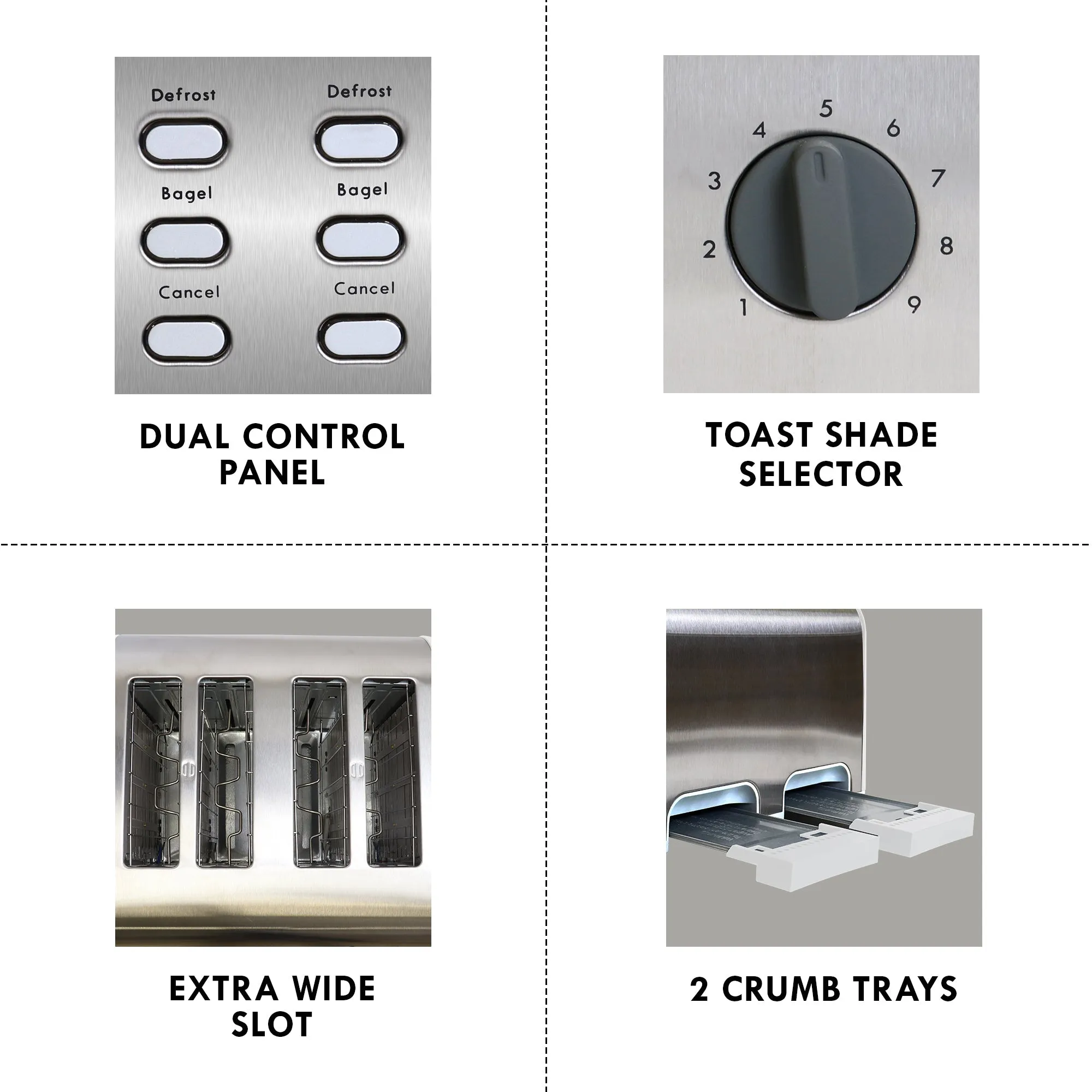 Kenmore 4-Slice Toaster, White Stainless Steel, Dual Controls, Extra Wide Slots, Bagel and Defrost Functions, 9 Browning Levels, Removable Crumb Trays, for Bread, Toast, English Muffin, Toaster Strudel