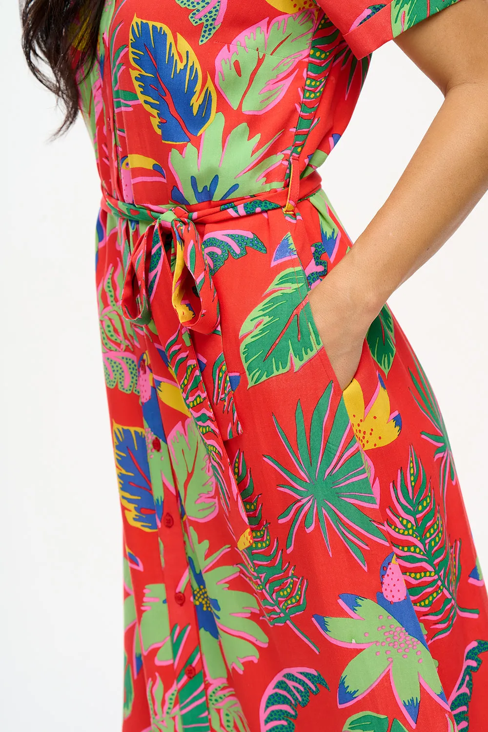 Lauretta Shirt Dress - Red. Tropical Toucans