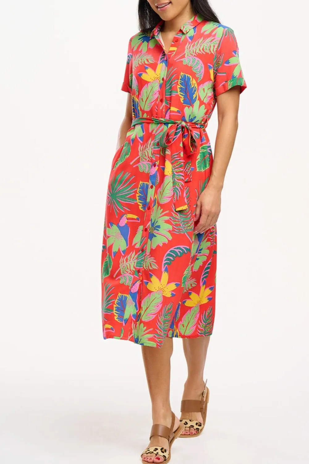 Lauretta Shirt Dress - Red. Tropical Toucans