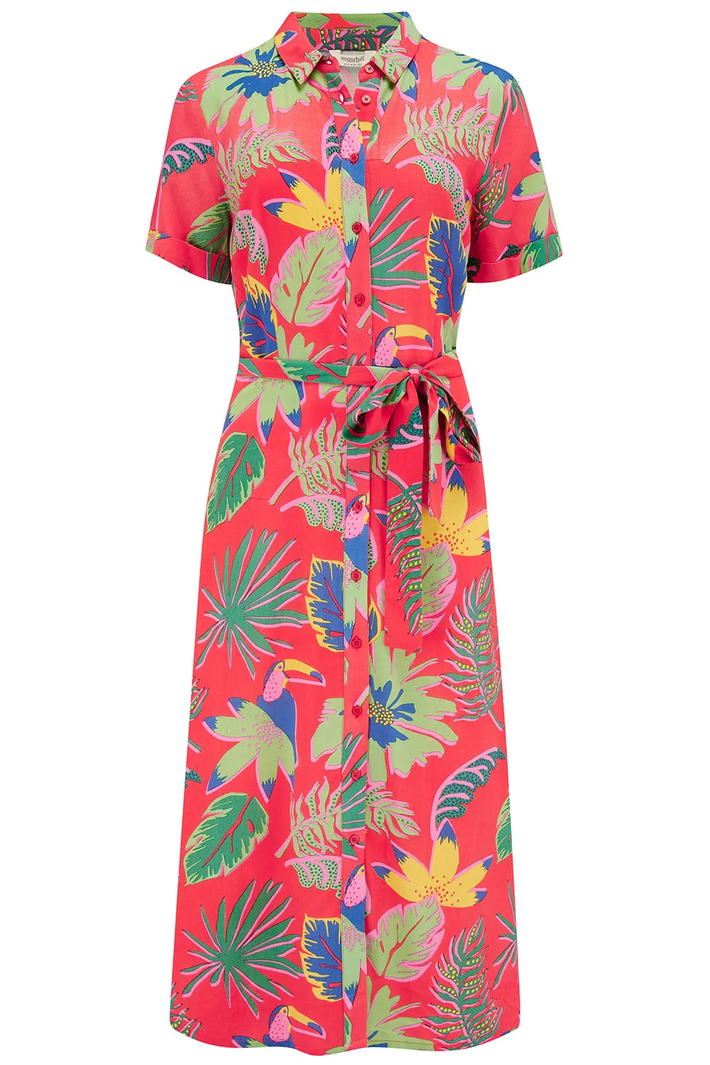 Lauretta Shirt Dress - Red. Tropical Toucans