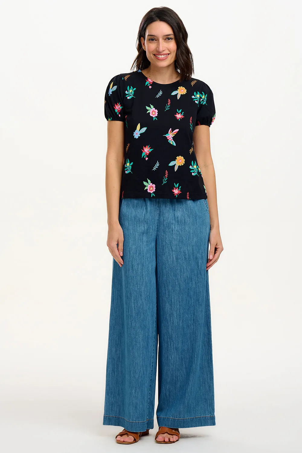 Lexley Jersey Top - Black/Multi. Hummingbird Garden
