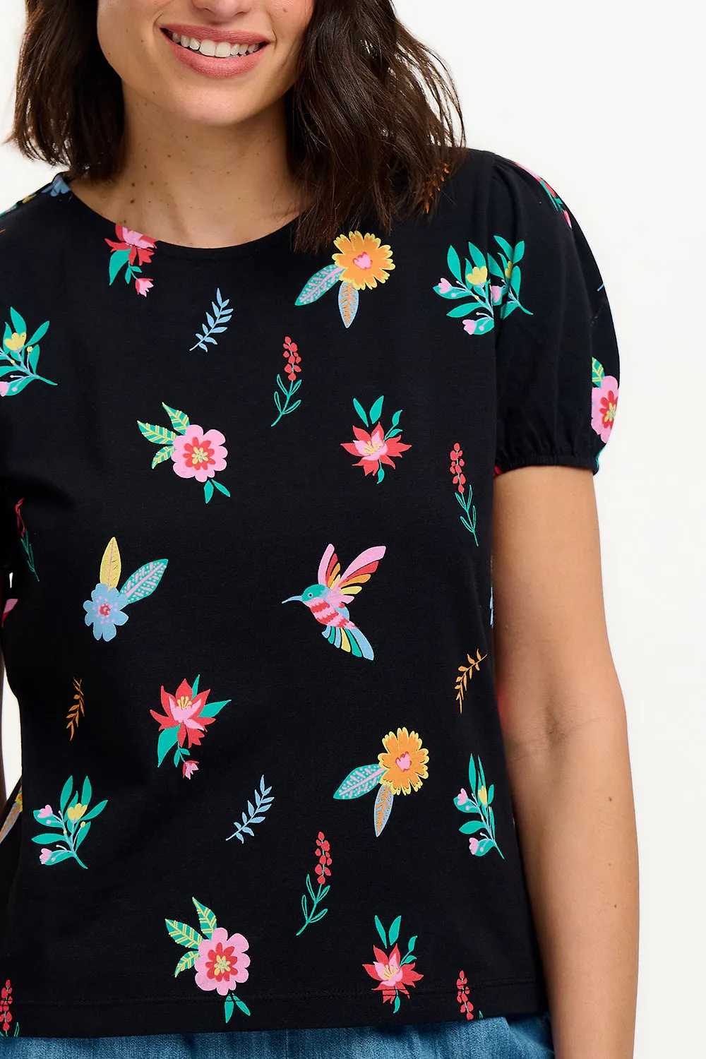 Lexley Jersey Top - Black/Multi. Hummingbird Garden