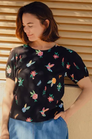 Lexley Jersey Top - Black/Multi. Hummingbird Garden