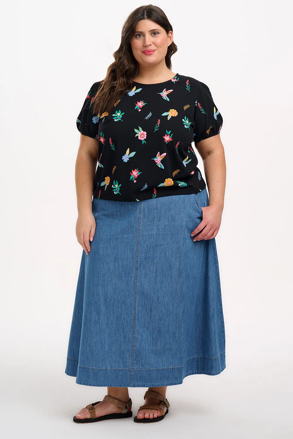 Lexley Jersey Top - Black/Multi. Hummingbird Garden