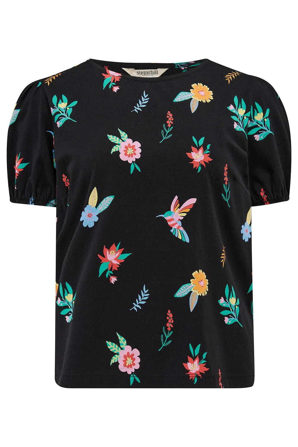 Lexley Jersey Top - Black/Multi. Hummingbird Garden