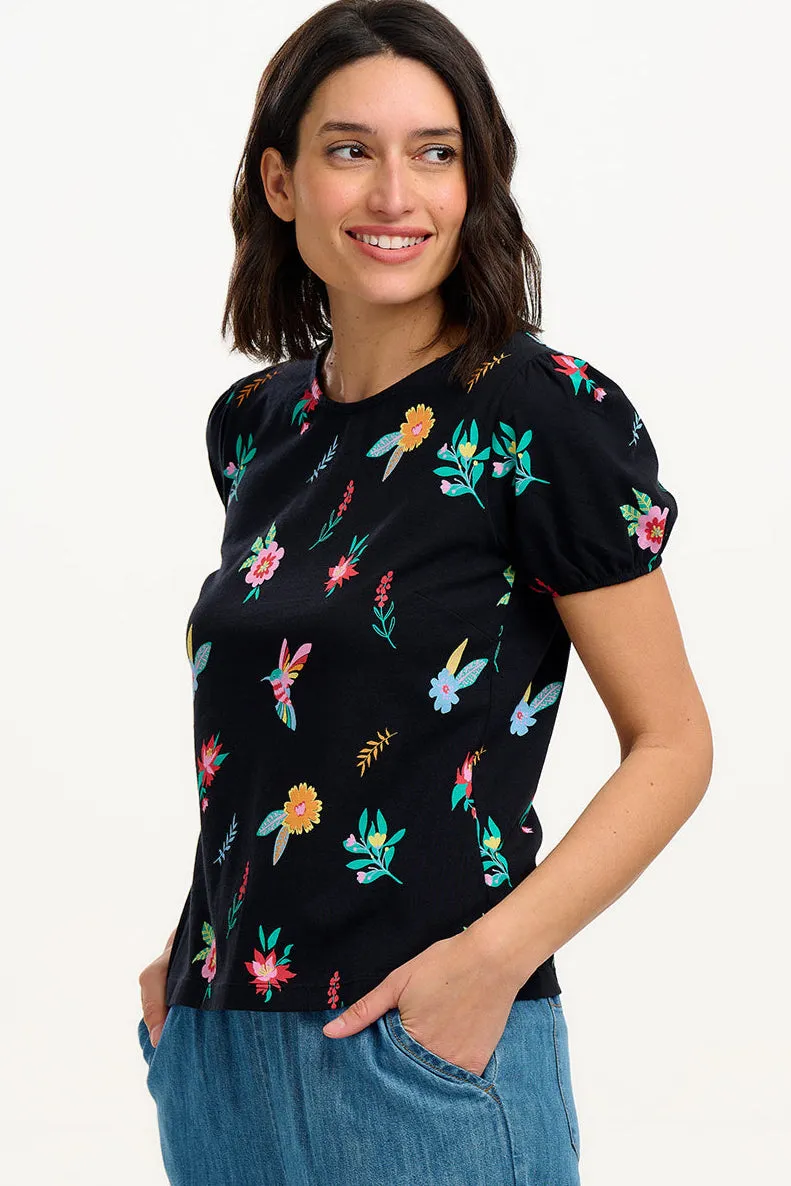 Lexley Jersey Top - Black/Multi. Hummingbird Garden