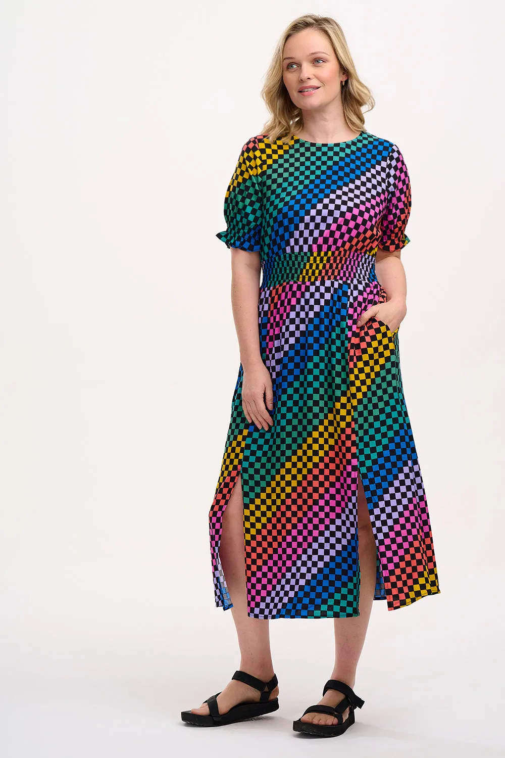 Lindsey Midi Shirred Dress - Black/Multi. Rainbow Checkerboard