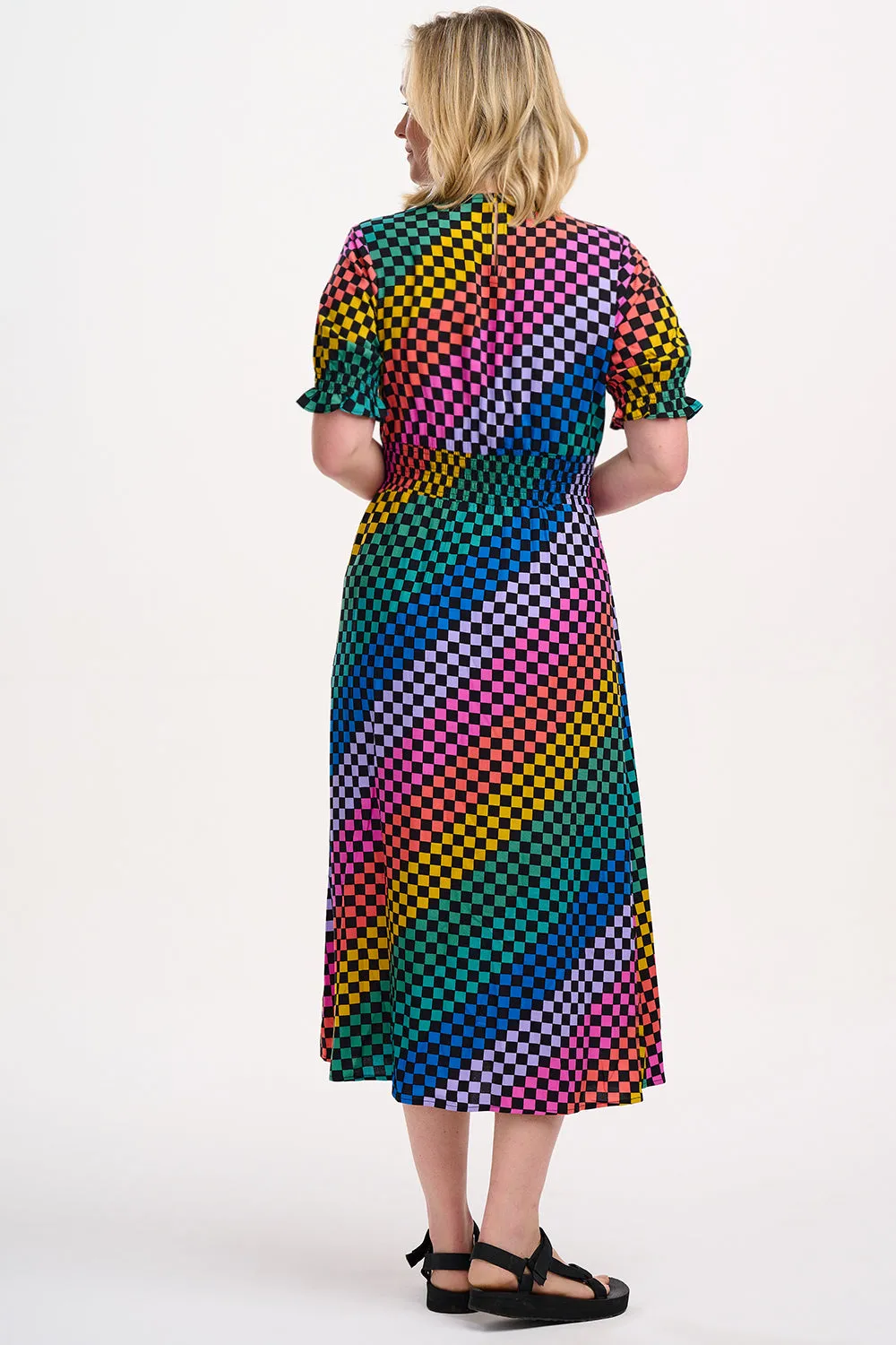 Lindsey Midi Shirred Dress - Black/Multi. Rainbow Checkerboard