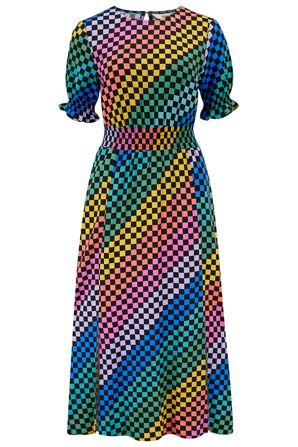 Lindsey Midi Shirred Dress - Black/Multi. Rainbow Checkerboard