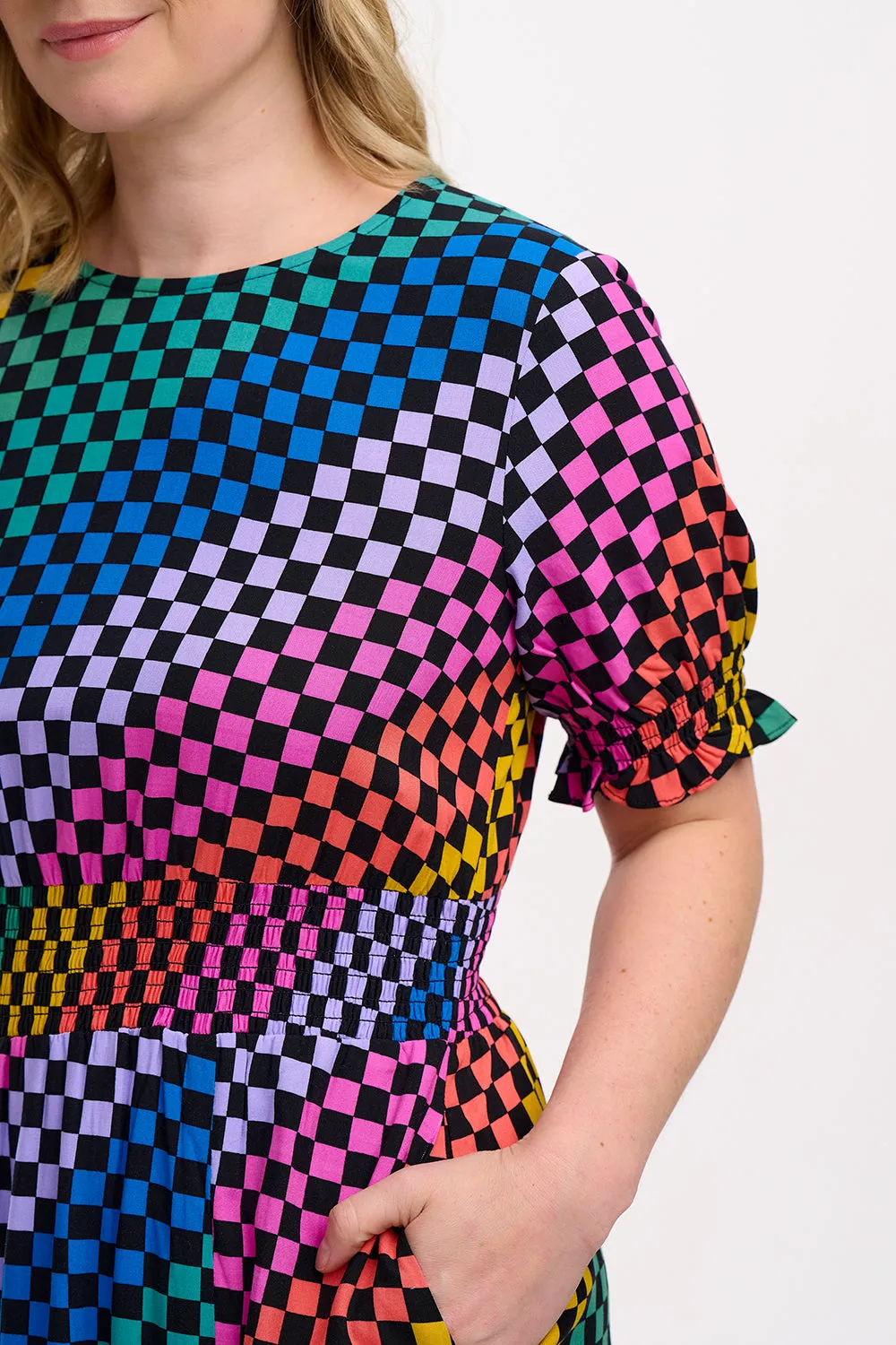 Lindsey Midi Shirred Dress - Black/Multi. Rainbow Checkerboard