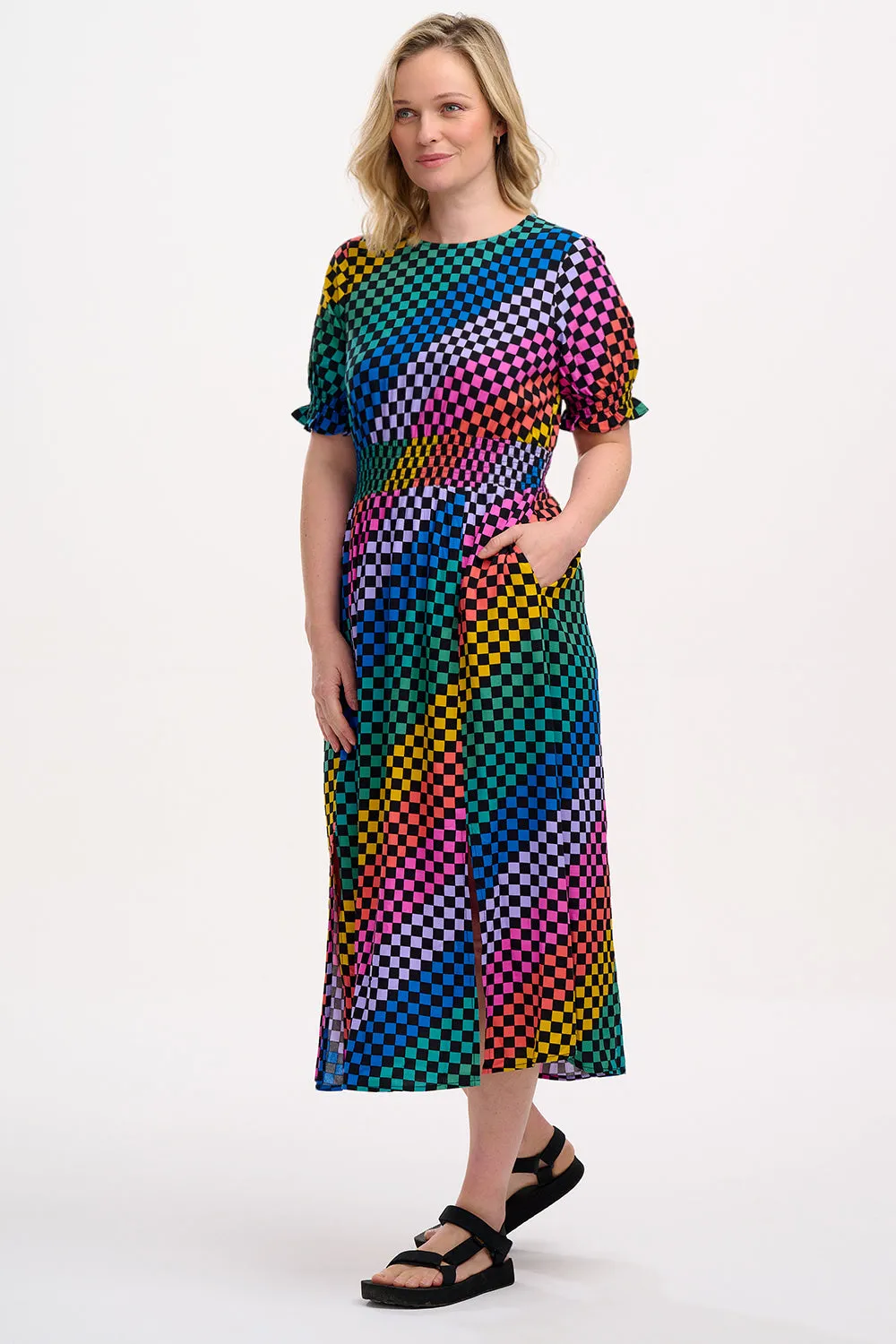 Lindsey Midi Shirred Dress - Black/Multi. Rainbow Checkerboard