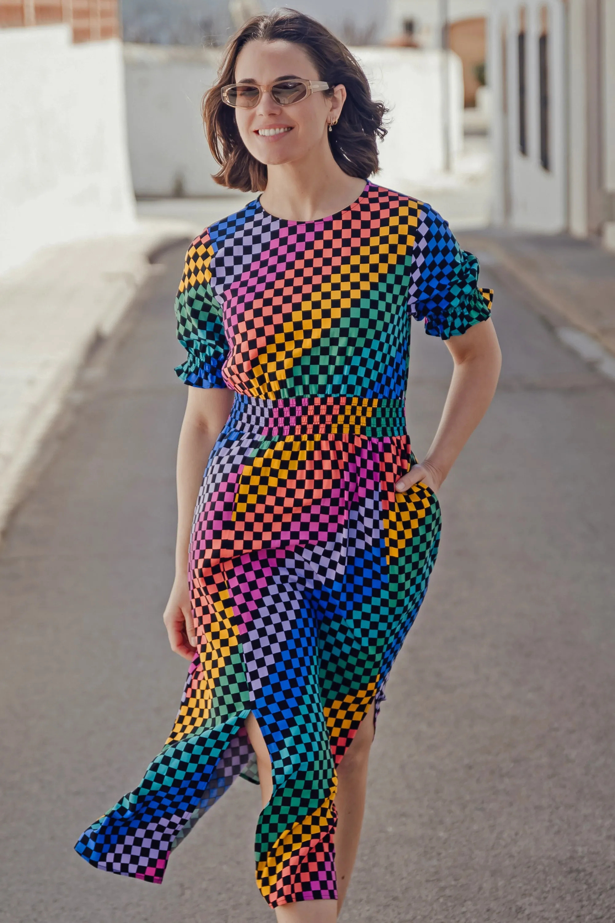 Lindsey Midi Shirred Dress - Black/Multi. Rainbow Checkerboard