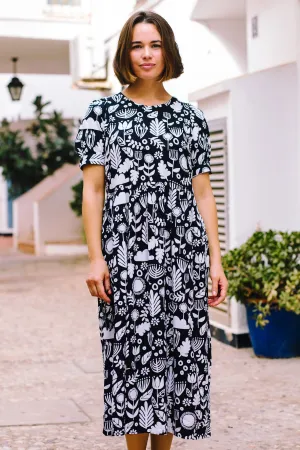 Lizzy Midi Smock Dress - Monochrome. Folk Floral