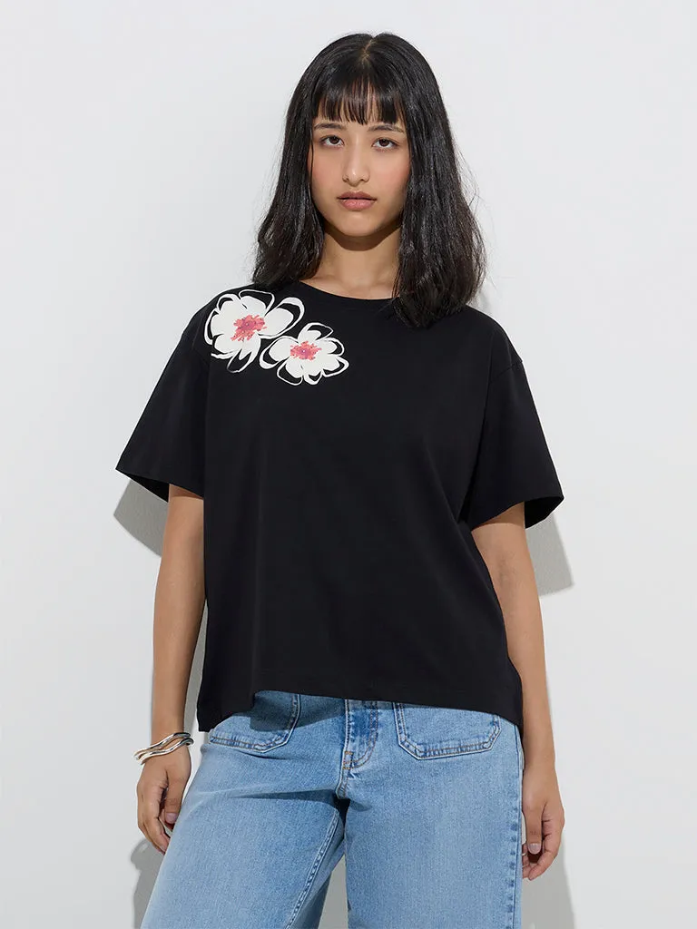 LOV Black Floral Printed Cotton T-Shirt