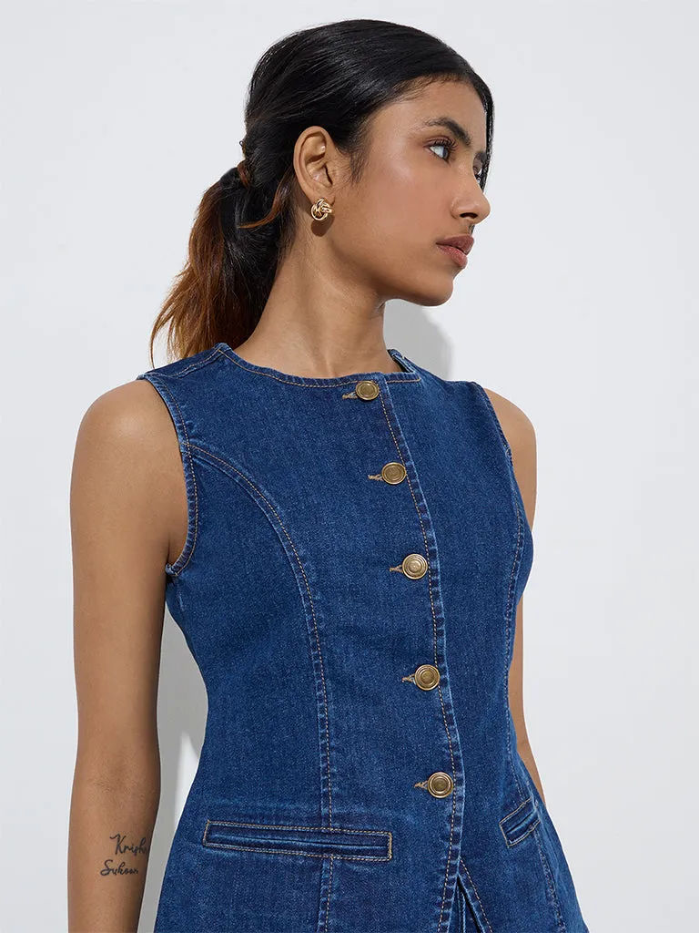 LOV Dark Blue Waist-Coat Style Denim Top