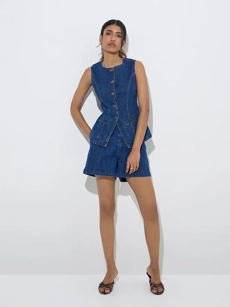 LOV Dark Blue Waist-Coat Style Denim Top