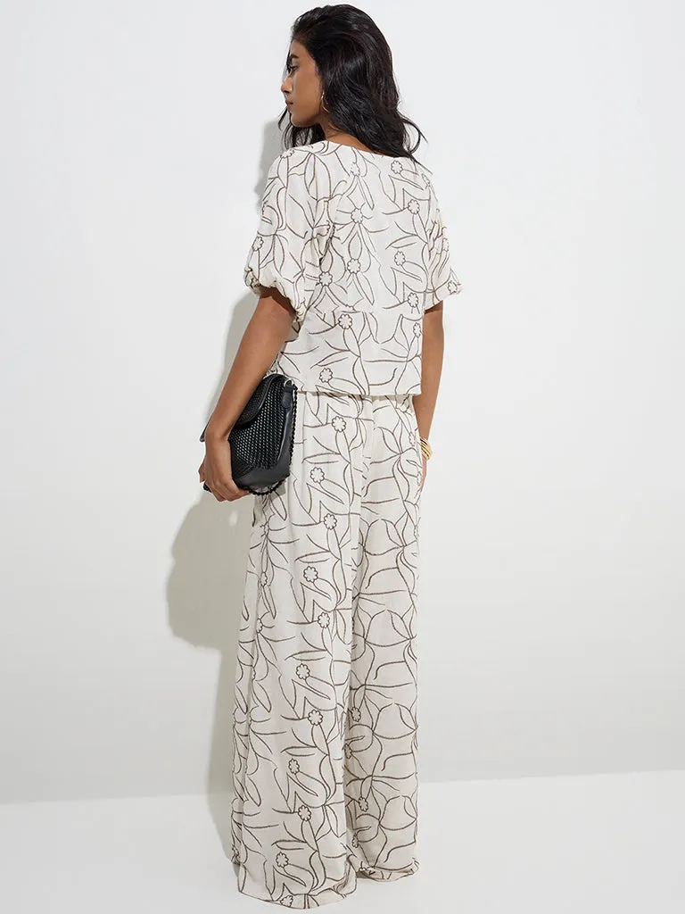 LOV Off-White Floral Embroidered High-Rise Trousers