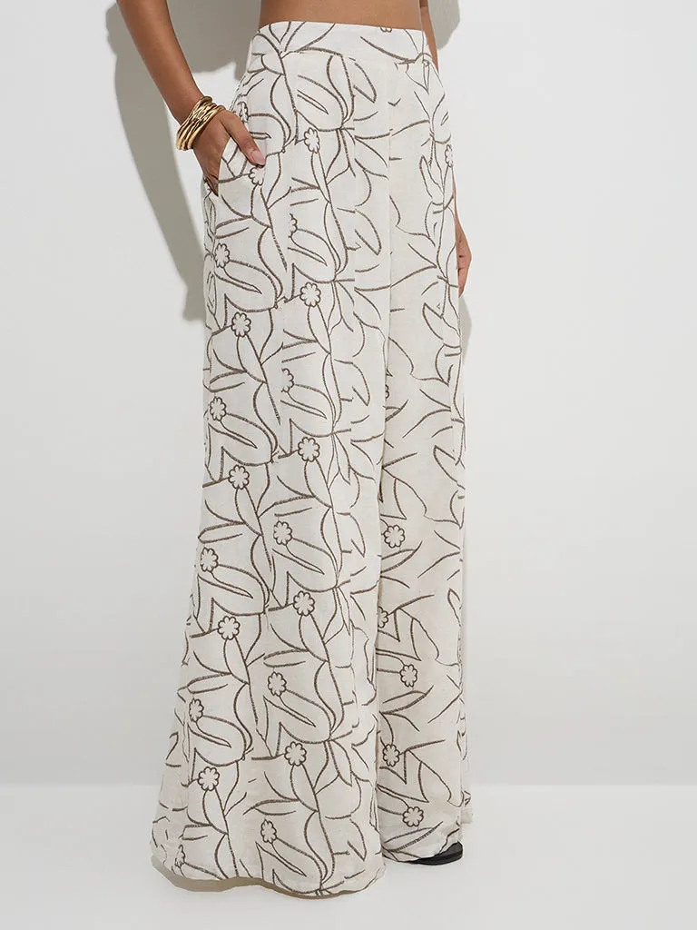 LOV Off-White Floral Embroidered High-Rise Trousers