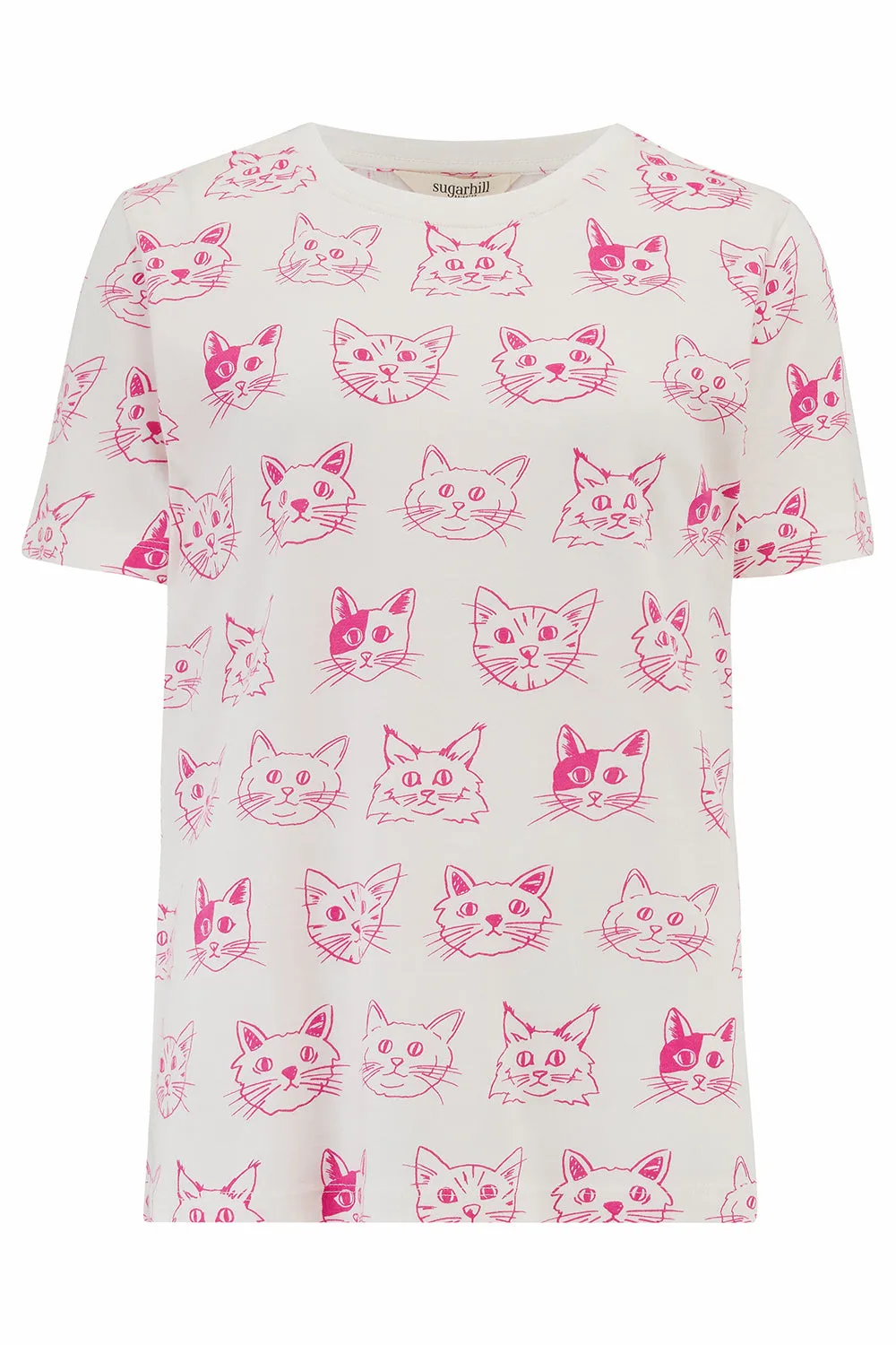 Maggie T-shirt - Off White/Pink. Sketched Cats