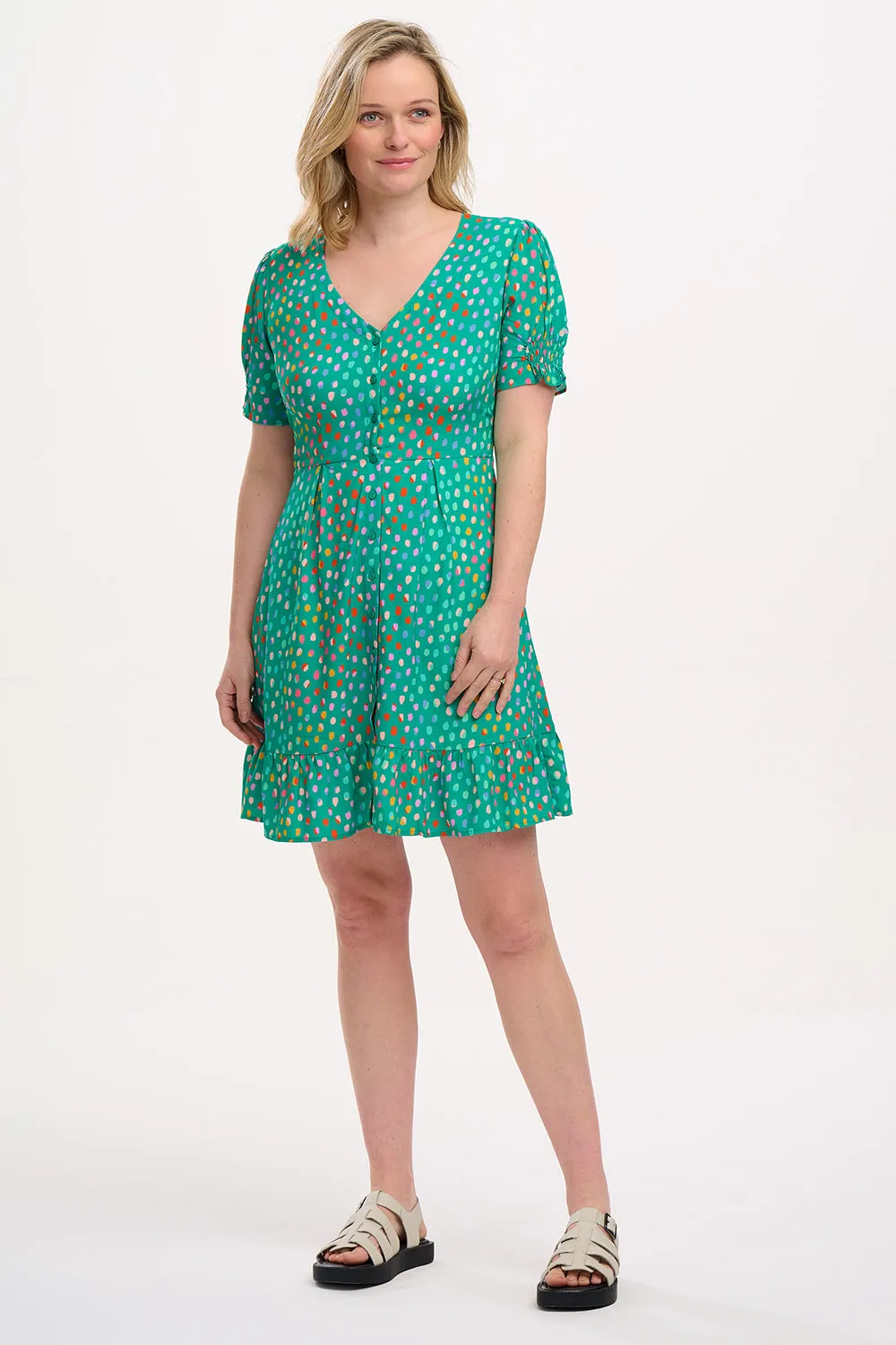 Marigold Mini Dress - Green. Rainbow Pebbles