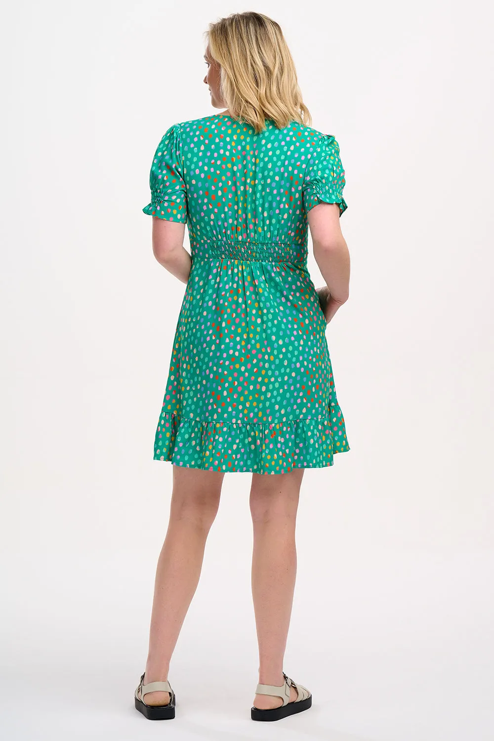 Marigold Mini Dress - Green. Rainbow Pebbles