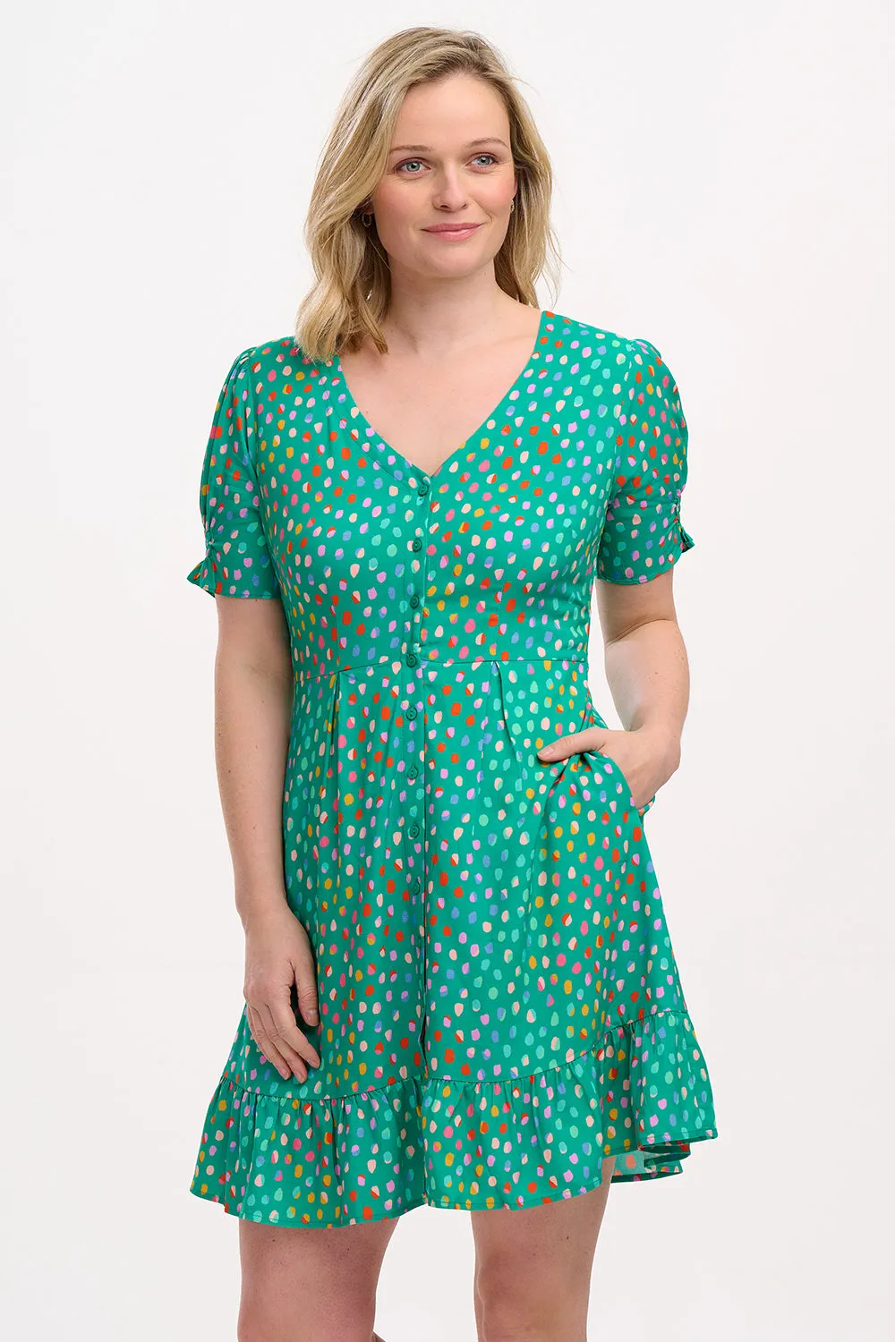 Marigold Mini Dress - Green. Rainbow Pebbles