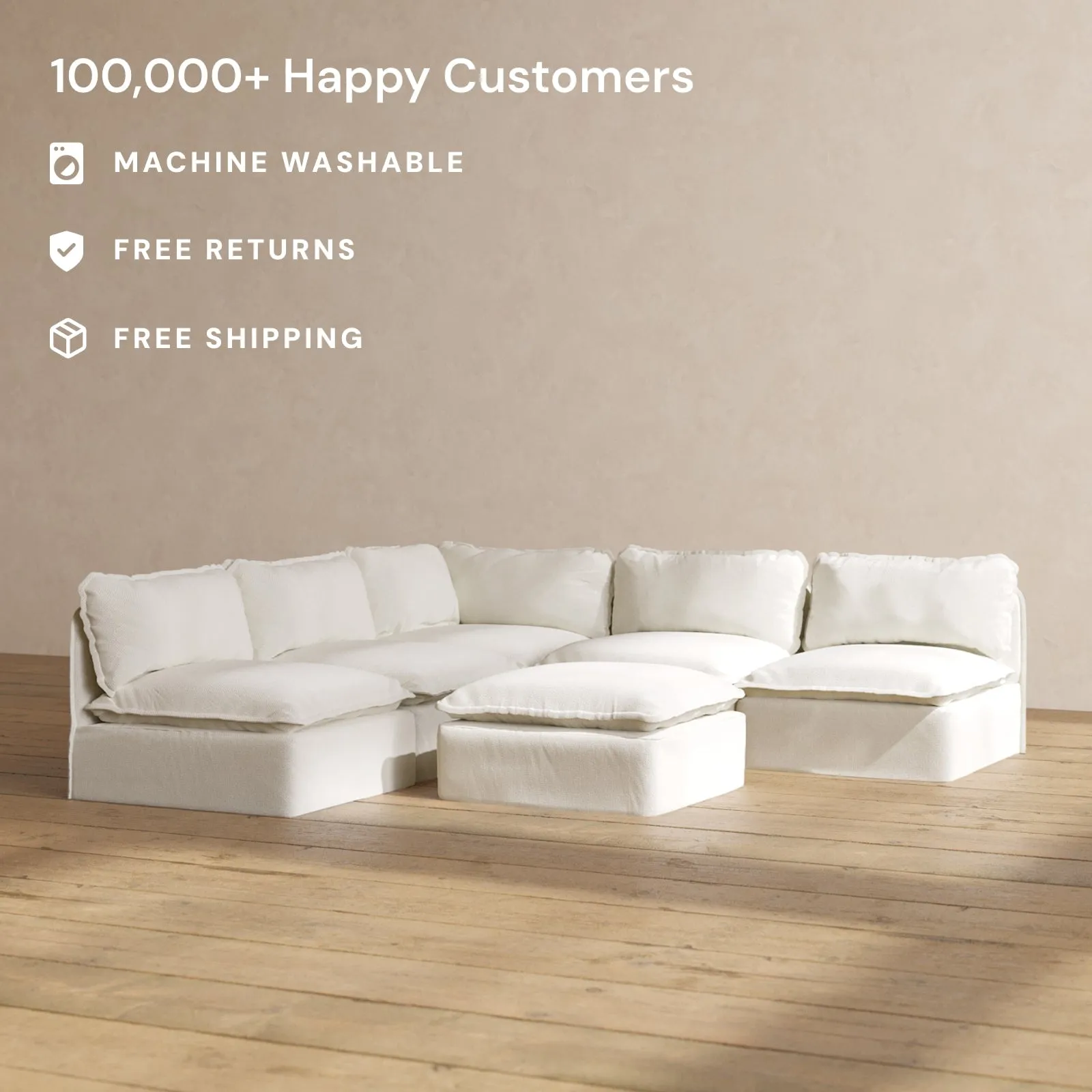 Modular Performance 5-Seater Open-Ends Corner Sectional   Ottoman in Eggshell | Relaxed Blend