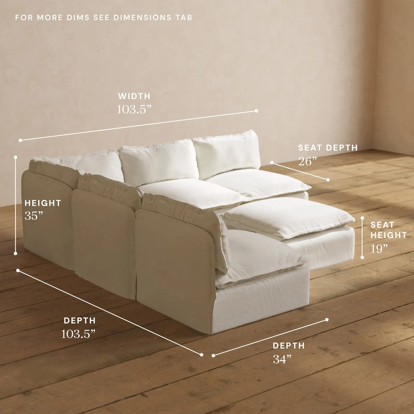 Modular Performance 5-Seater Open-Ends Corner Sectional   Ottoman in Eggshell | Relaxed Blend