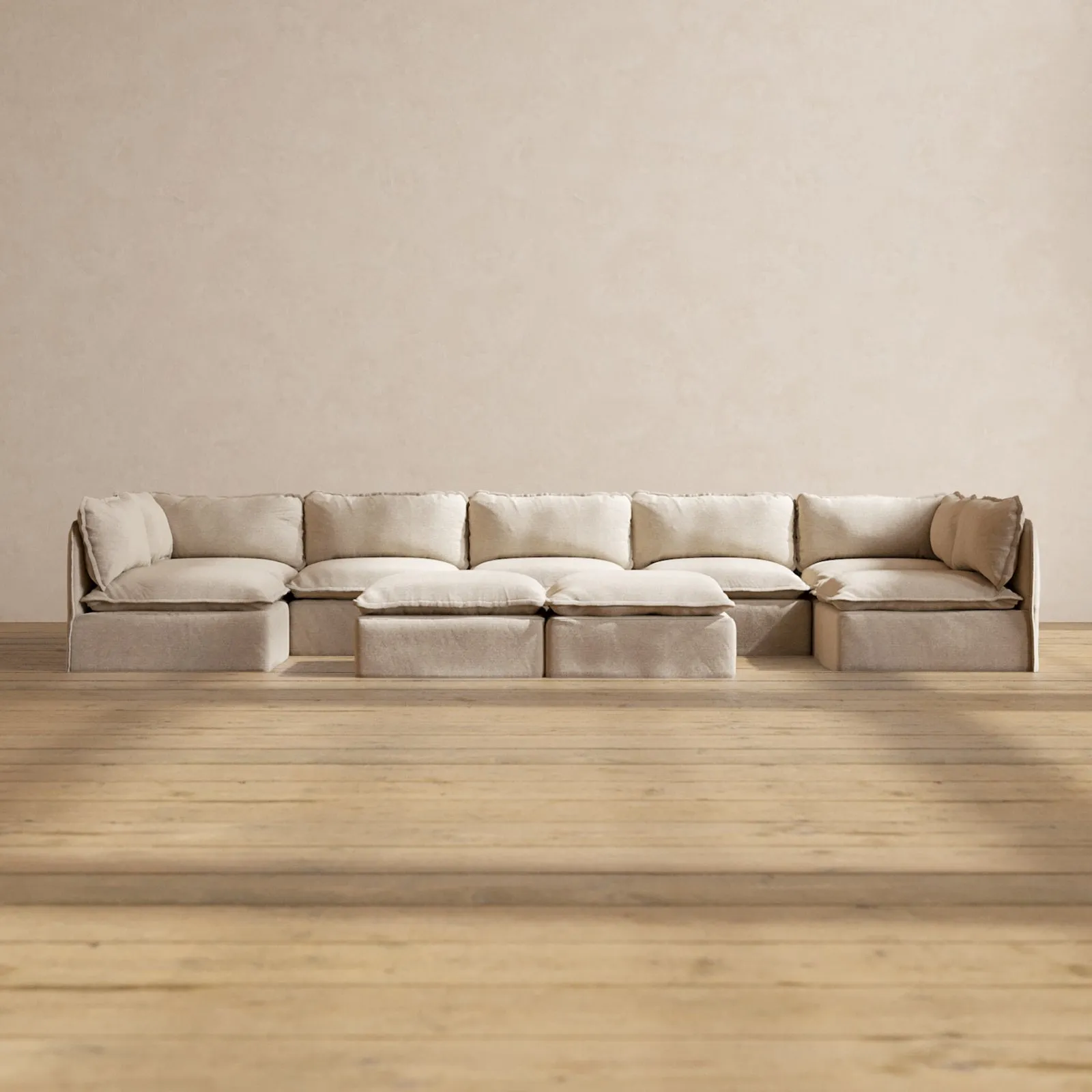 Modular Performance 7-Seater Open-Ends U-Sectional   Bench Ottoman in Oat | Relaxed Blend