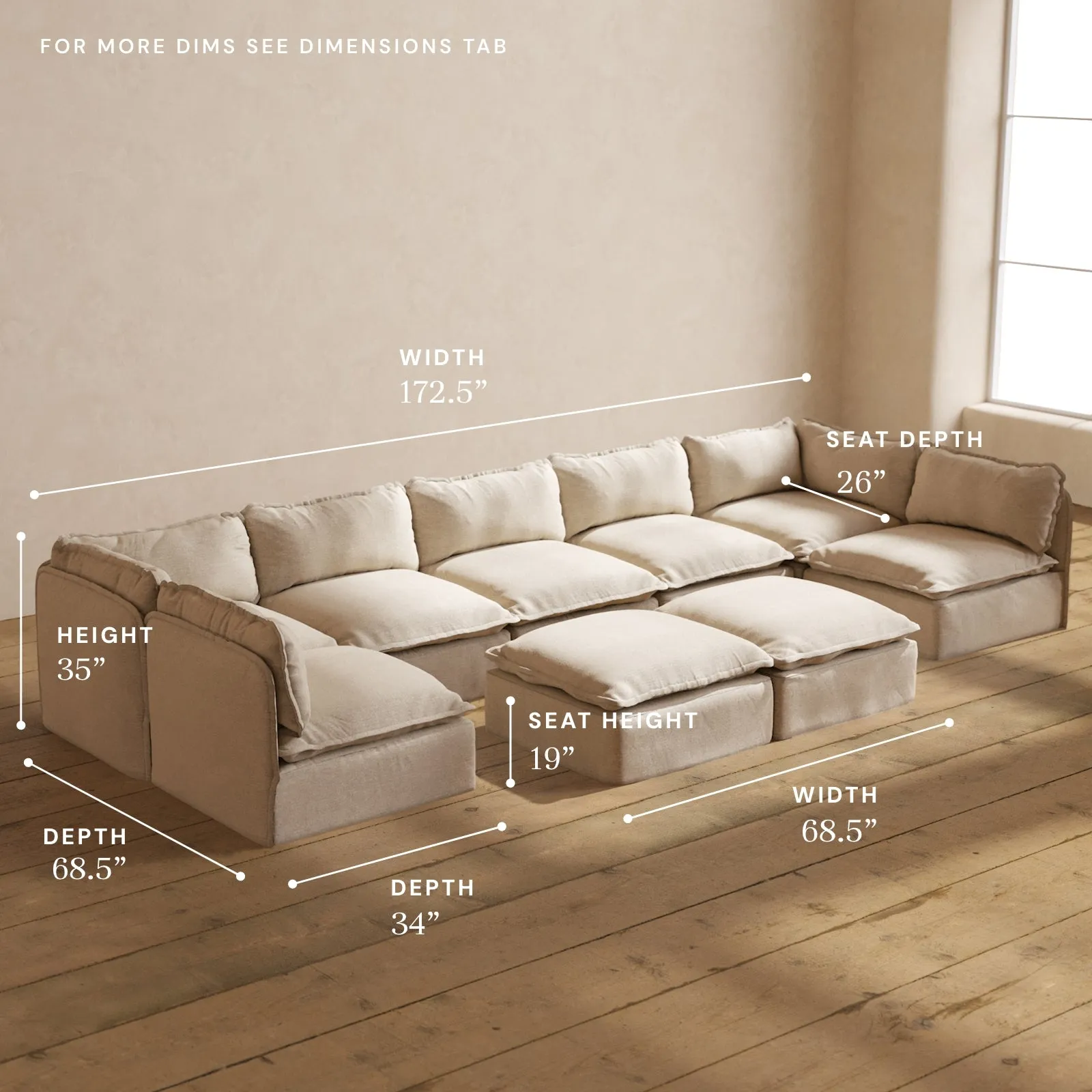 Modular Performance 7-Seater Open-Ends U-Sectional   Bench Ottoman in Oat | Relaxed Blend