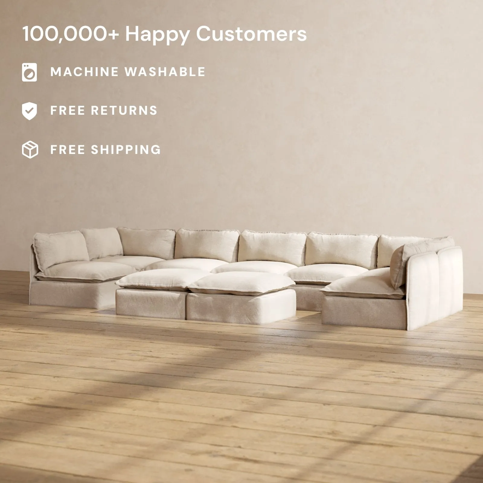Modular Performance 7-Seater Open-Ends U-Sectional   Bench Ottoman in Oat | Relaxed Blend