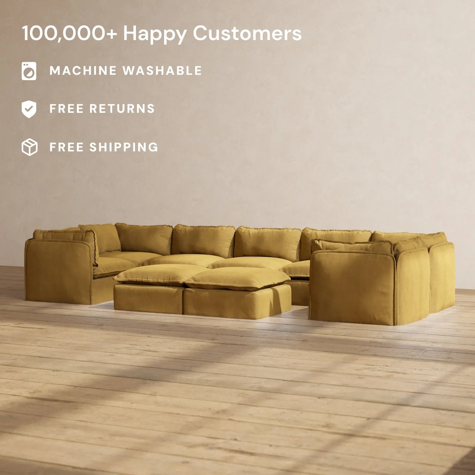 Modular Performance 7-Seater U-Sectional   Bench Ottoman in Toffee | Relaxed Blend