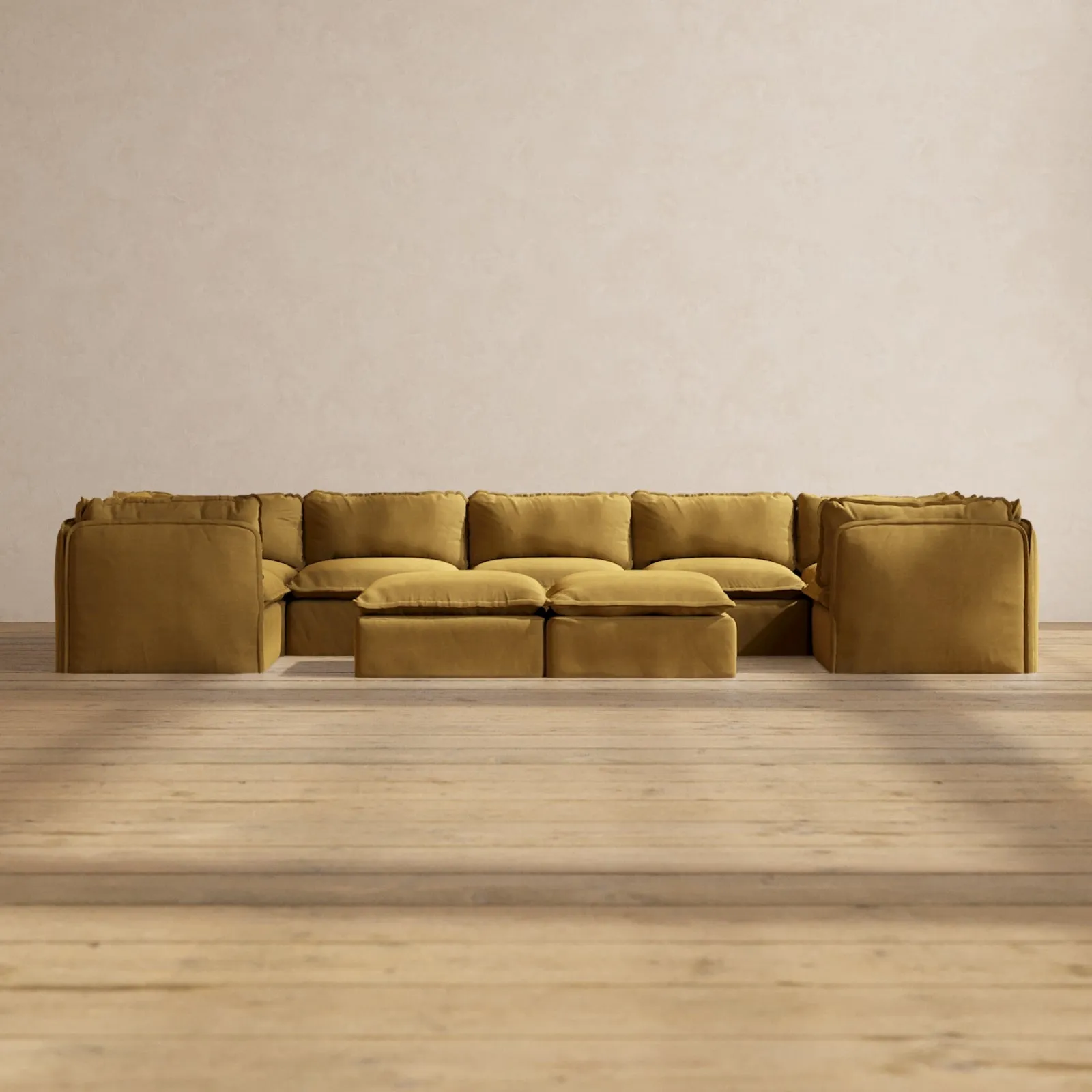Modular Performance 7-Seater U-Sectional   Bench Ottoman in Toffee | Relaxed Blend