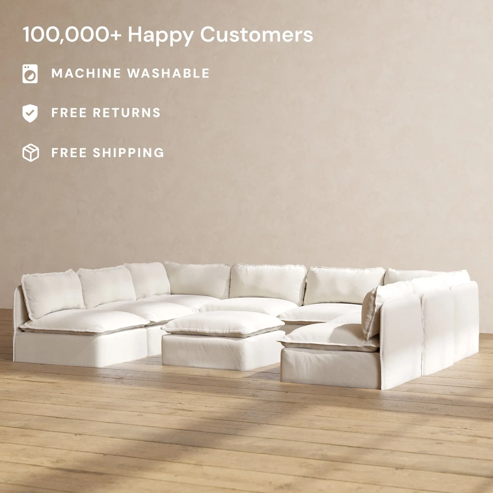 Modular Performance 8-Seater Open-Ends U-Sectional   Ottoman in Flour | Deluxe Blend