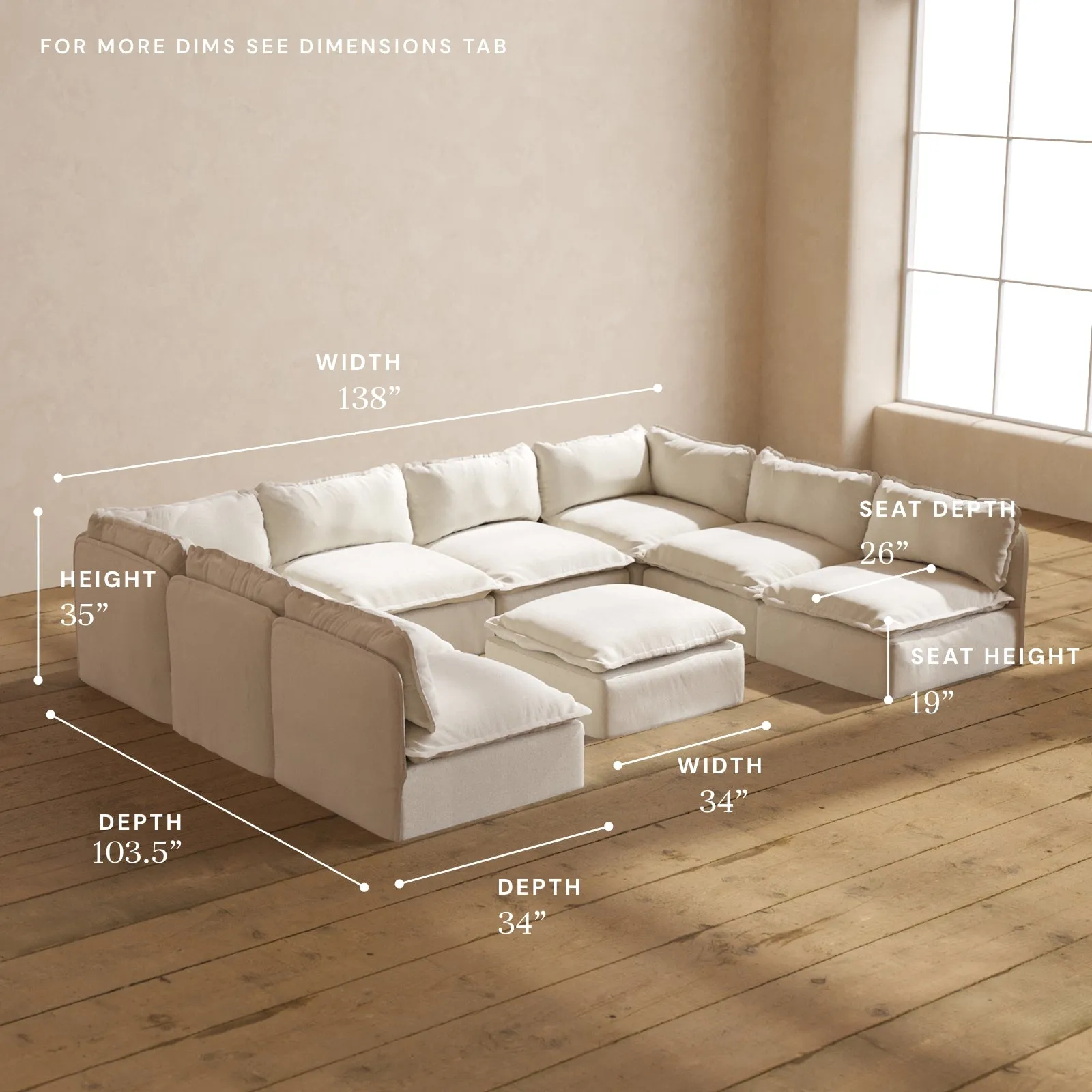Modular Performance 8-Seater Open-Ends U-Sectional   Ottoman in Flour | Deluxe Blend