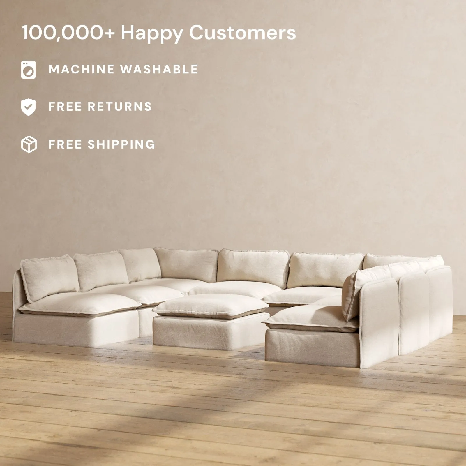 Modular Performance 8-Seater Open-Ends U-Sectional   Ottoman in Oat | Relaxed Blend