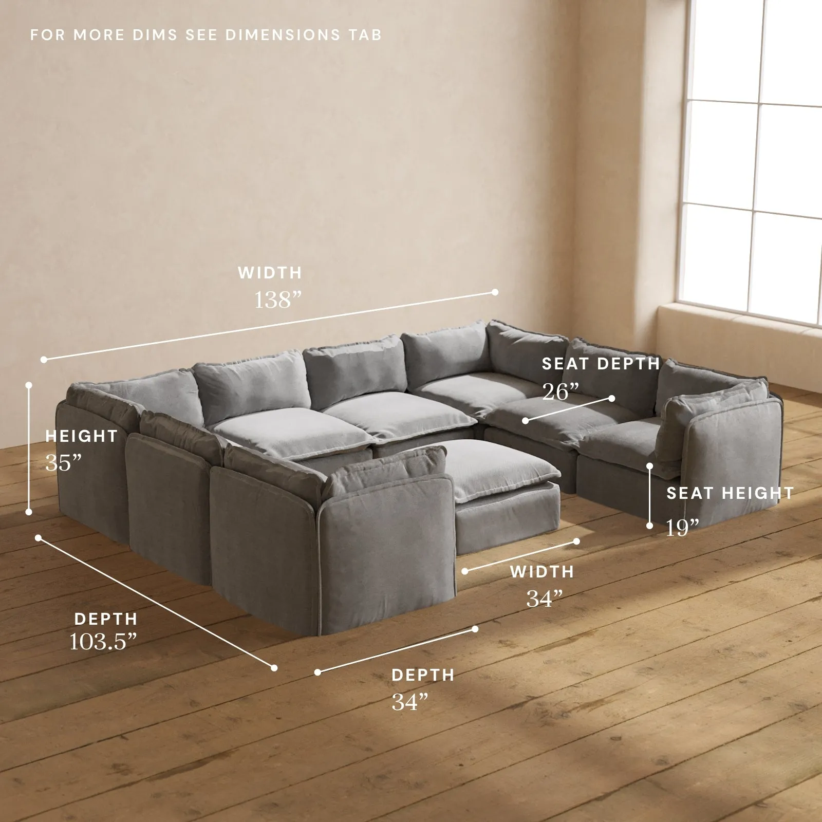 Modular Performance 8-Seater U-Sectional   Ottoman in Ash | Deluxe Blend