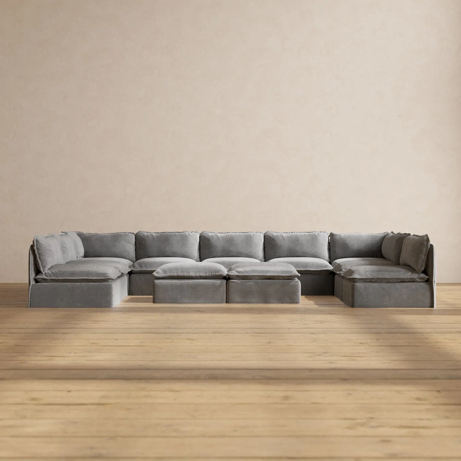 Modular Performance 9-Seater Open-Ends U-Sectional   Bench Ottoman in Ash | Relaxed Blend