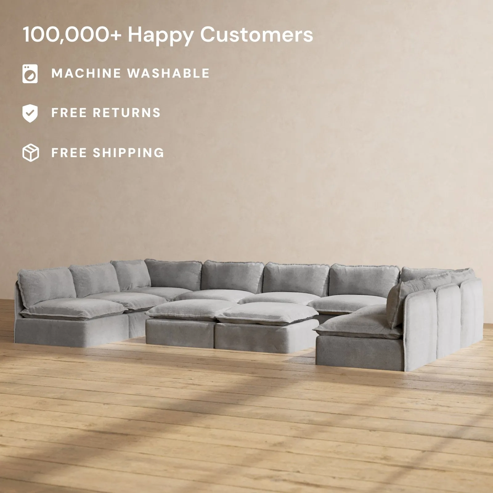 Modular Performance 9-Seater Open-Ends U-Sectional   Bench Ottoman in Ash | Relaxed Blend